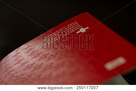Swiss Passport Close Up On Black Background Isolated Switzerland Citizenship