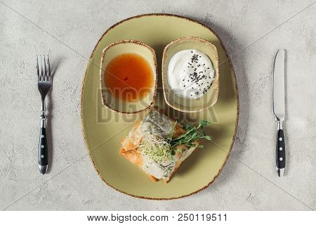 Flat Lay With Samosas In Phyllo Dough Stuffed With Spinach And Paneer Decorated With Germinated Seed