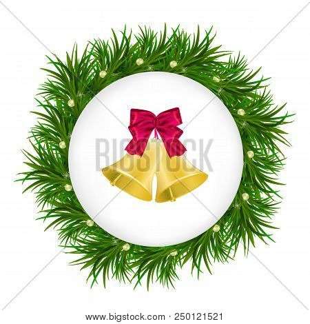 Christmas Fir Wreath With Red Baw And Bells Isolated On White Background. Vector Illustration