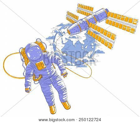 Spaceman Flying In Open Space Connected To Space Station And Earth Planet In Background, Astronaut M