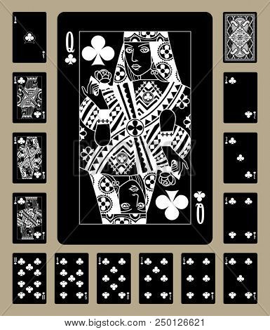 Black playing cards of Clubs suit with white linear drawing. Original design