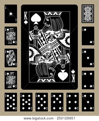 Black playing cards of Spades suit with white linear drawing. Original design.