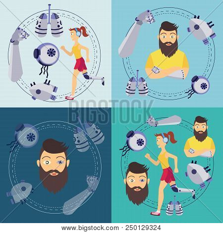 Futuristic Bionic Prosthesis And Artificial Organs Concept Posters Set. Young Girl Jogging In Headph