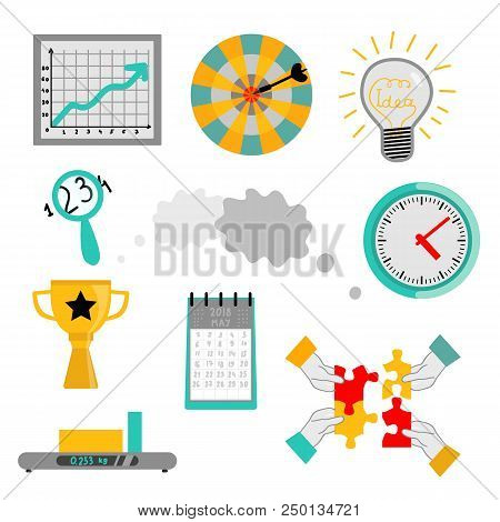 Office Work Elements Set - Successful Teamwork And Management Concept Isolated On White Background. 