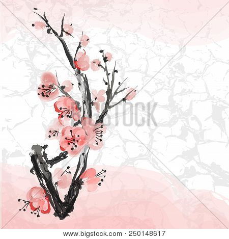 Realistic Sakura Blossom - Japanese Cherry Tree Isolated On White Background.