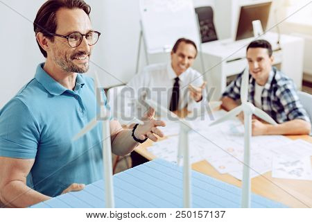 Eloquent Engineer. Creative Talented Qualified Engineer Explaining His Bright Idea By Demonstrating 