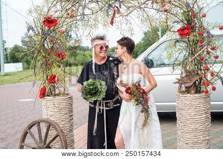 School Of Floristry Stas Zubov In Minsk, Republic Of Belarus. July 2018. Avant-garde Wedding Bouquet