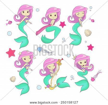 Set Of Cute Mermaid Characters Isolated On White Background. Kawaii Mermaids With Doodles For Invita
