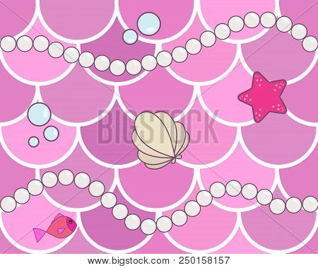 Mermaid Scales Seamless Background Pattern. Pink Fish Scales With Cartoon Pearls, Starfish, Bubbles 