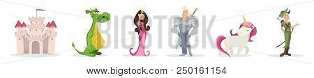 Set Of Fairy-tale Characters Isolated On White Background. Castle. Dragon, Princess, Knight, Unicorn