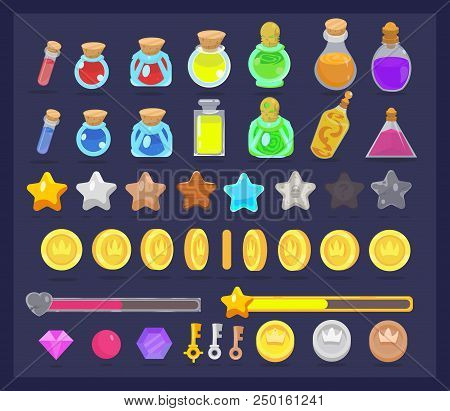 Big Set Of Game Resources And Elements Icon. Coins With Animation, Stars, Life And Power Bars, Poiso