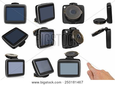 Gps Car Navigation With Handle. The Finger Indicates The Point On The Satellite Navigation Screen.