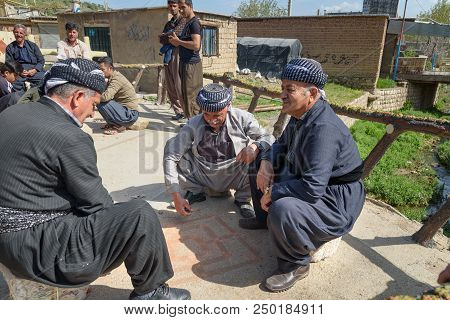 Marivan, Kurdistan Province, Iran - April 6, 2018: Kurdish Men In Darreh Tafi Village Near Zarivar L