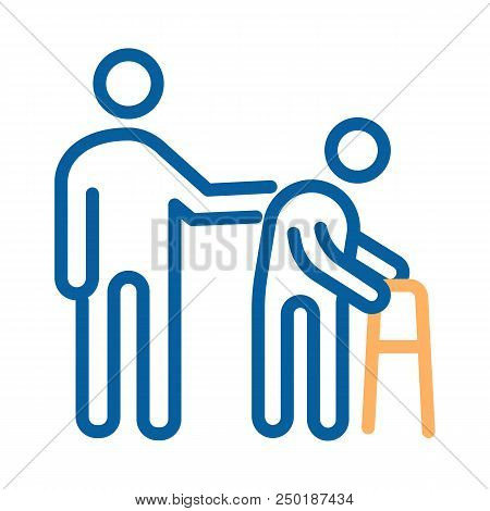 Person Helping Old Patient. Vector Thin Line Icon Illustration. Nursing Home, Senior And Elders Supp