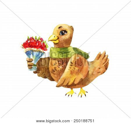 Cute Bird Gives A Birthday Bouquet Of Flowers