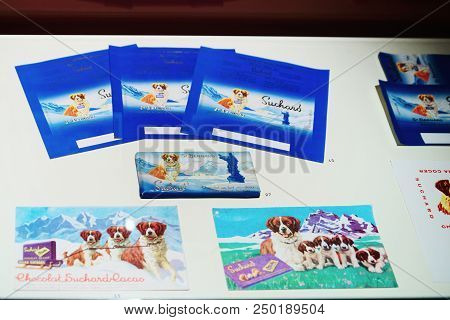 Martigny, Switzerland -  January 1, 2015: Chocolates Wrappers With Saint Bernard Dogs, Martigny Muse
