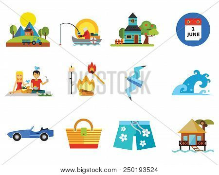 Summer Season Icon Set. First June Calendar Page Summer Tree Fishing Summer Cottage Hawaiian Shorts 