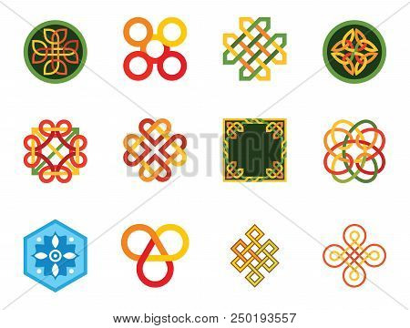 Pattern Icon Set. Hexagon Pattern Infinite Knot Traditional Knot Chinese Amulet Round Pattern Creati