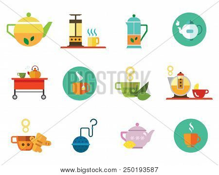 Teapot Icons Set With Teapot, Tea Cup And Tea Strainer. Vector Icons