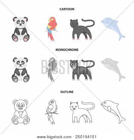 Panda.popugay, Panther, Dolphin.animal Set Collection Icons In Cartoon, Outline, Monochrome Style Ve