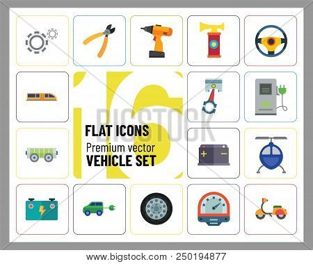 Vehicle Icons Set With Helicopter, Electrocart And Trolley Car. Thirteen Vector Icons