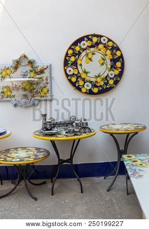 Ravello, Italy - June 16, 2017: Ceramics Shop In The Main Square Of Ravello, Campania, Italy
