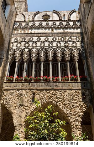 Ravello, Italy - June 16, 2017:  View Of Gothic Cloister Columns Of Villa Rufolo In Ravello, Amalfi 