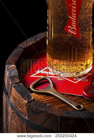 London, Uk - April 27, 2018: Original Glass Of Budweiser Beer With Beer Coater And Bottle Opener On 