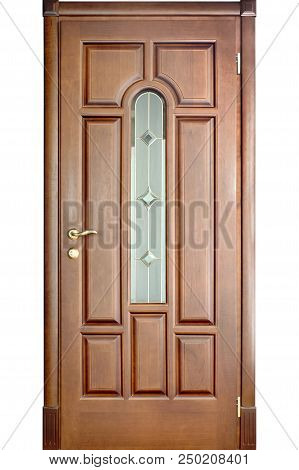 Wooden Interior Door Of Cherry Wood With Brass Handle And Insets Of Frosted And Mirror Glass With Ge