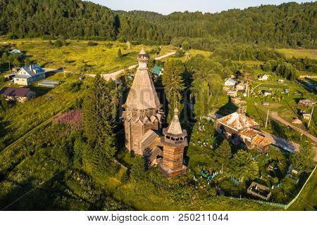 Top view of the Church of St. Nicholas (built 1696) in Soginicy village, Leningrad region, Russia.