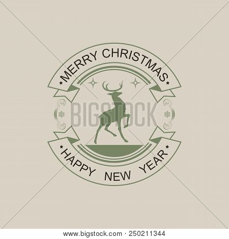 Christmas Round Abstract Sign Of Green And Black Hue With Silhouette Of Christmas Deer With Raised P