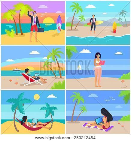 Freelance Distant Work Rest On Summer Beach Vector Illustration With Cheerful Freelancer Workers, Lo