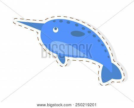 Cute Funny Blue Whale With Tusk Or Narwhal Vector Flat Cartoon Sticker Or Icon Outlined With Dotted 