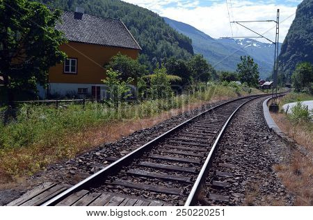 Famous Railroad Flamsbahn. 
It is considered the most picturesque road in Europe. June 17,2018. Flam, Norway, Scandinavia.