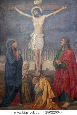 SISAK, CROATIA - DECEMBER 07: 12th Stations of the Cross, Jesus dies on the cross, Church of Visitation of the Virgin Mary in Sisak, Croatia, on December 07, 2017.