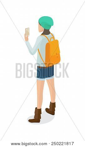 High School Female Back View In Jeans Shorts, Beige Backpack, Green Hat Speaking On Telephone Vector