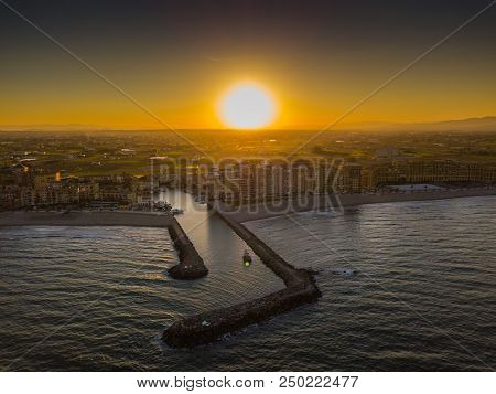 View From The Air To The Entrance To Port Saplaya Bay And Agrarian Fields Around During A Bright Sun