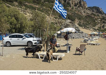 Tsambika, Rhodes, Greece - September 15, 2017: Man Feeds Wild Goats That Come From The Mountains To 