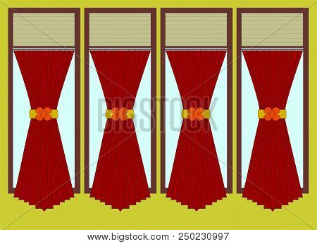 Red Window And With Bound It Curtains From Front View In Vector Illustration