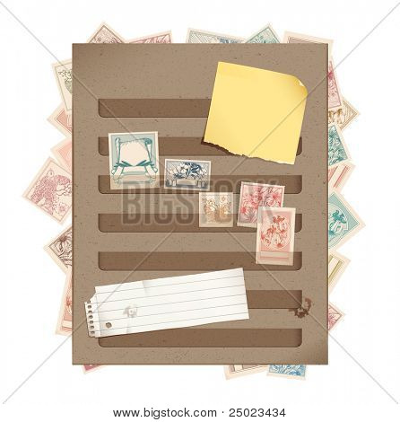 Page de livre brun cachet avec timbres, déchiré, papier et post-it