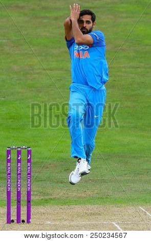 LEEDS, ENGLAND - JULY 17: Bhuvneshwar Kumarduring the 3rd Royal London One day International match between England and India at Headingley Cricket Ground on July 17, 2018 in  England.  