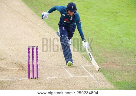 LEEDS, ENGLAND - JULY 17: Jonny Bairstow runs a single during the 3rd Royal London One day International match between England and India at Headingley Cricket Ground on July 17, 2018 in  England.  