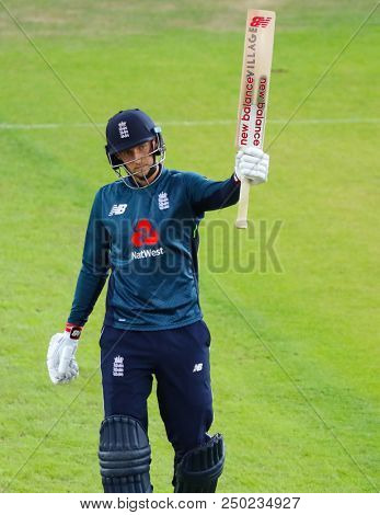 LEEDS, ENGLAND - JULY 17: Joe Root celebrates scoring a half century during the 3rd Royal London One day International match between England and India at Headingley Cricket Ground on July 17, 2018