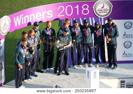 LEEDS, ENGLAND - JULY 17: England with the trophy after winning the 3rd Royal London One day International match and series between England and India at Headingley Cricket Ground on July 17, 2018