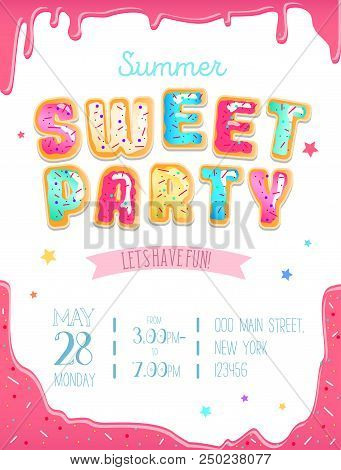Party Cute Invitation Design. Sweet Donut Party Poster For Birthday Party, Kid's Zone Or Summer Camp