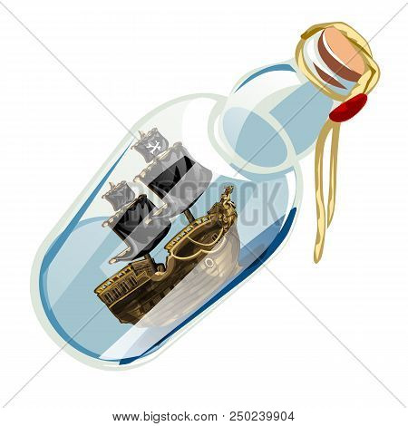 Bottle With Pirate Ship Isolated On A White Background. Vector Cartoon Close-up Illustration