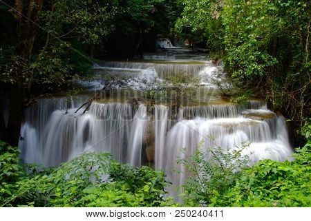 Huai Mae Khamin Waterfall Is A Major Attraction In Sri Nakarin Dam National Park. The Multi-tiered W