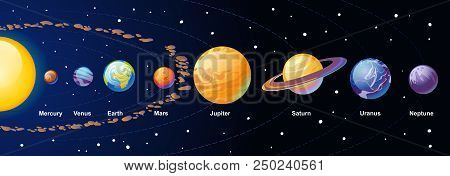 Solar System Cartoon Illustration With Colorful Planets And Asteroid Belt On Navy Blue Gradient Back