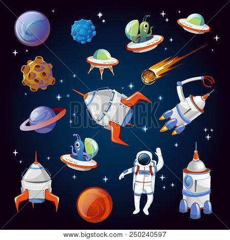 Set Of Colorful Cartoon Space Elements. Aliens, Planets, Asteroids, Spaceships, Stars And Astronauts