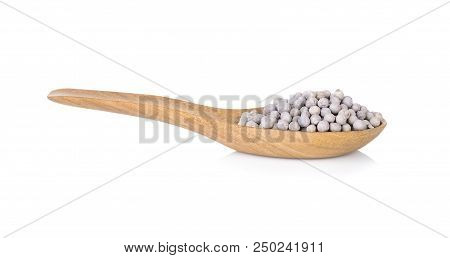 White Pepper In Wooden Spoon Isolated On White Background